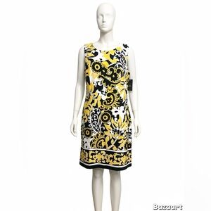 Ronni Nicole Sleeveless Sheath Dress Black Yellow Floral Knee Length Sz 16